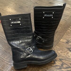 Love Moschino Black Croc-Patterned Boots